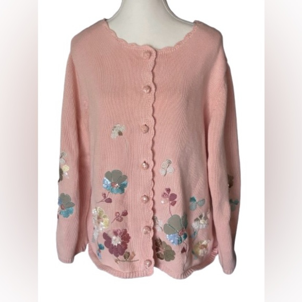 Vintage Sequin Cardigan Floral Cotton Cottage Pink SO FORTH 80s 90s Knit Sweater